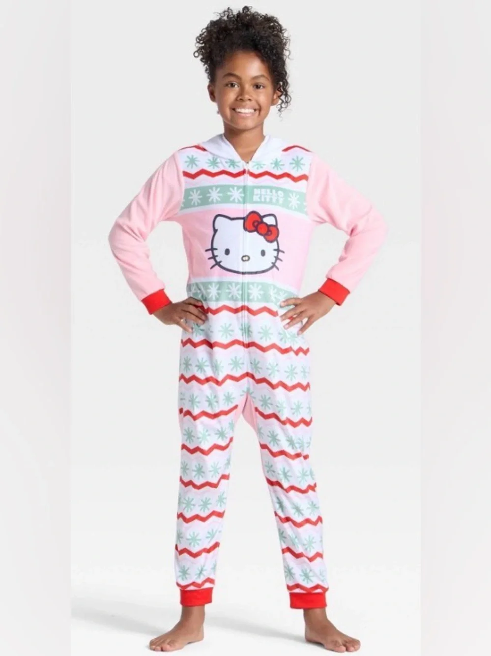 Hello Kitty Pink, Red & Mint Hooded Kids One-Piece Pajama Set